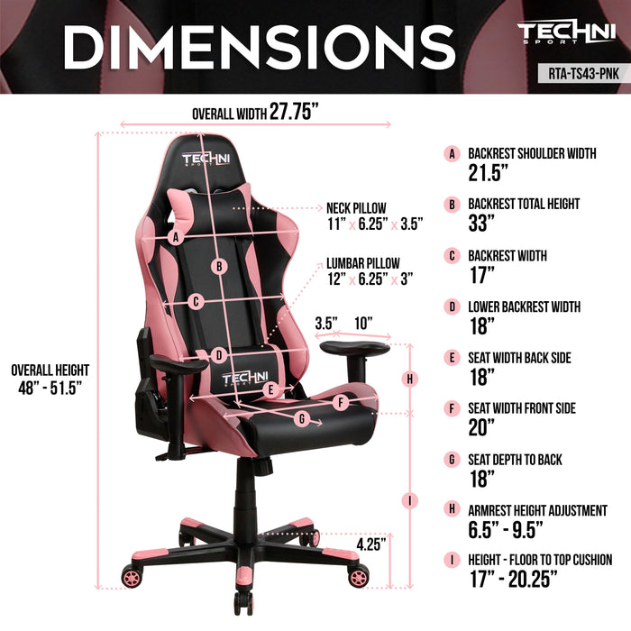 Techni Sport Ergonomic High Back Racer Style Pc Gaming Chair, Pink