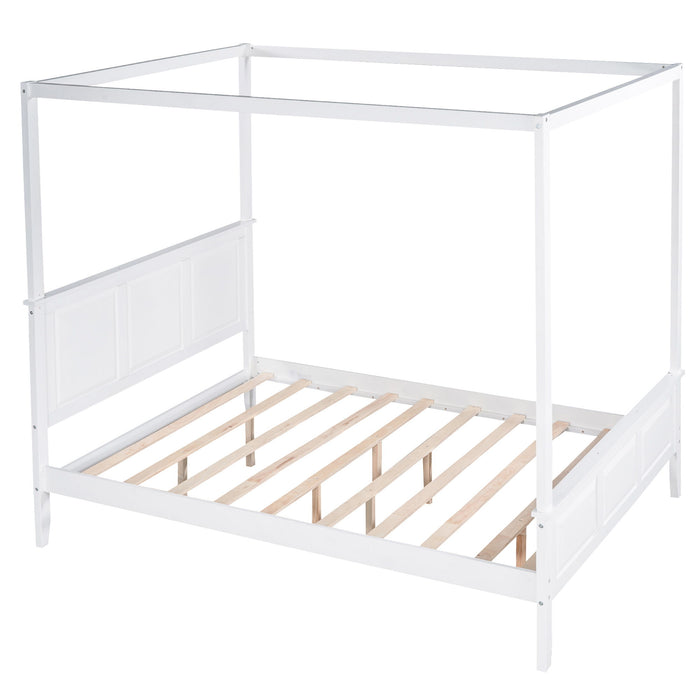 Queen Canopy Platform Bed With Headboard And Footboard, Slat Support Leg - White
