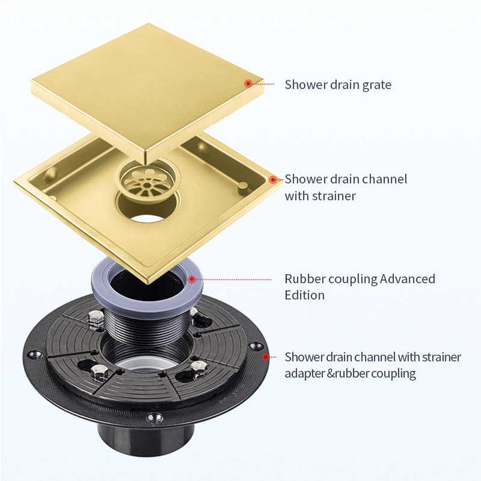Square Shower Floor Drain - Gold