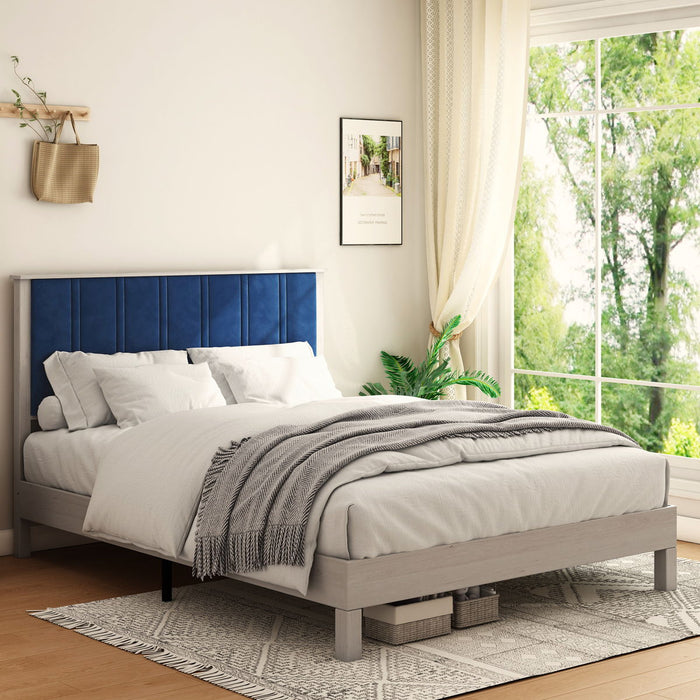 Queen Bed Frame, Wood With Wood Headboard Bed Frame With Upholstered Headboard / Wood Foundation With Wood Slat Support / No Box Spring Needed / Easy Assembly