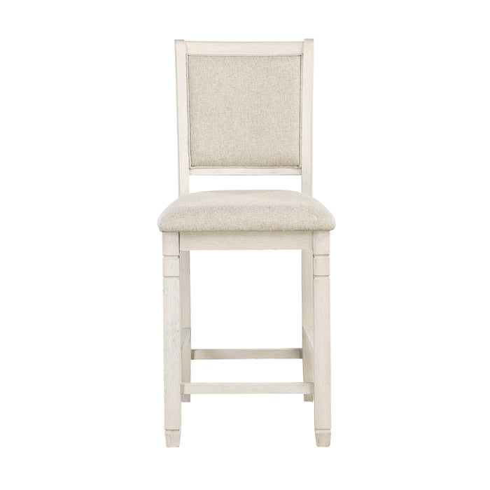 Antique White Finish Wooden Counter Height Chairs 2 Pieces Set Textured Fabric Upholstered Dining Chairs