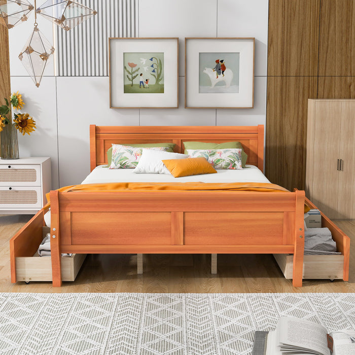 Queen Size Wood Platform Bed With 4 Drawers And Streamlined Headboard & Footboard, Oak