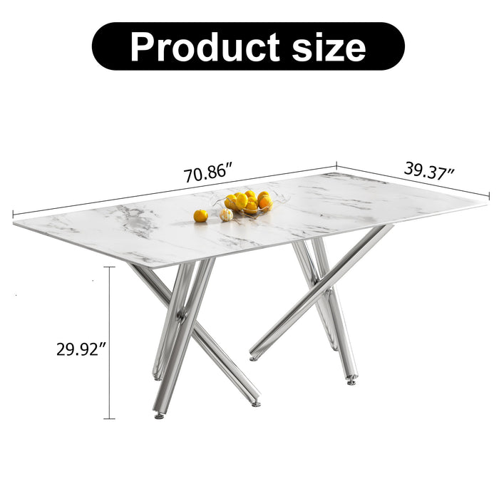 Large Modern Simple Rectangular Glass Dining Table For 6-8 People With 0.39 Inch Imitation Marble Tempered Glass Top And Silver Metal Legs For Kitchen Dining Living Room Meeting Room Banquet Hall