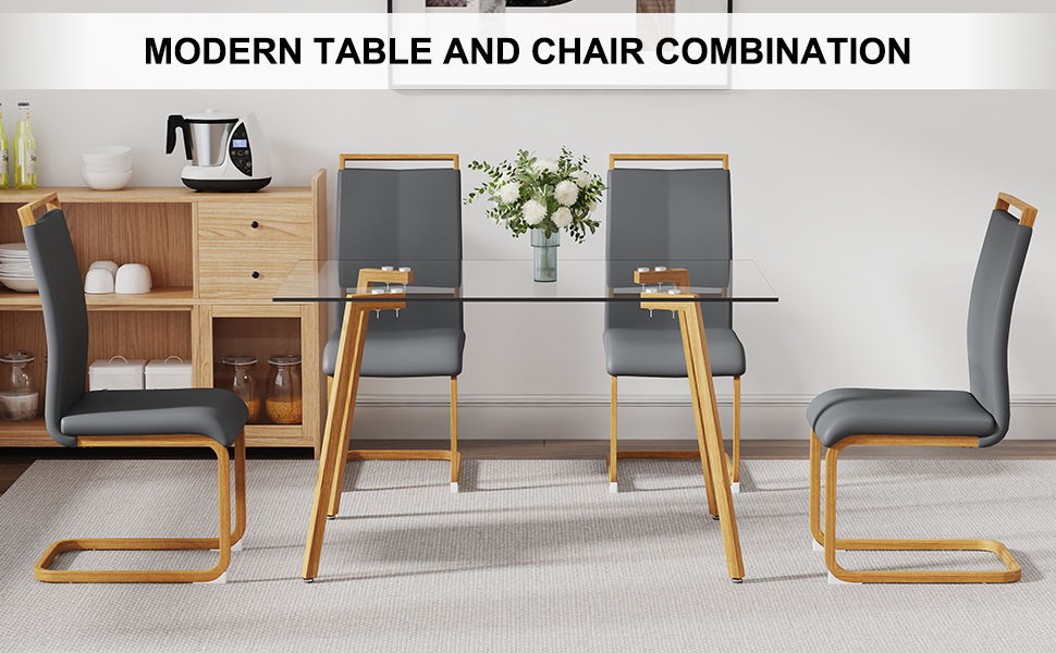 Table And Chair Set 1 Table And 4 Grey Chairs Glass Dining Table With Tempered Glass Tabletop And Wood Color Metal Legs PU Leather High Back Upholstered Chair With Wood Color Metal Leg
