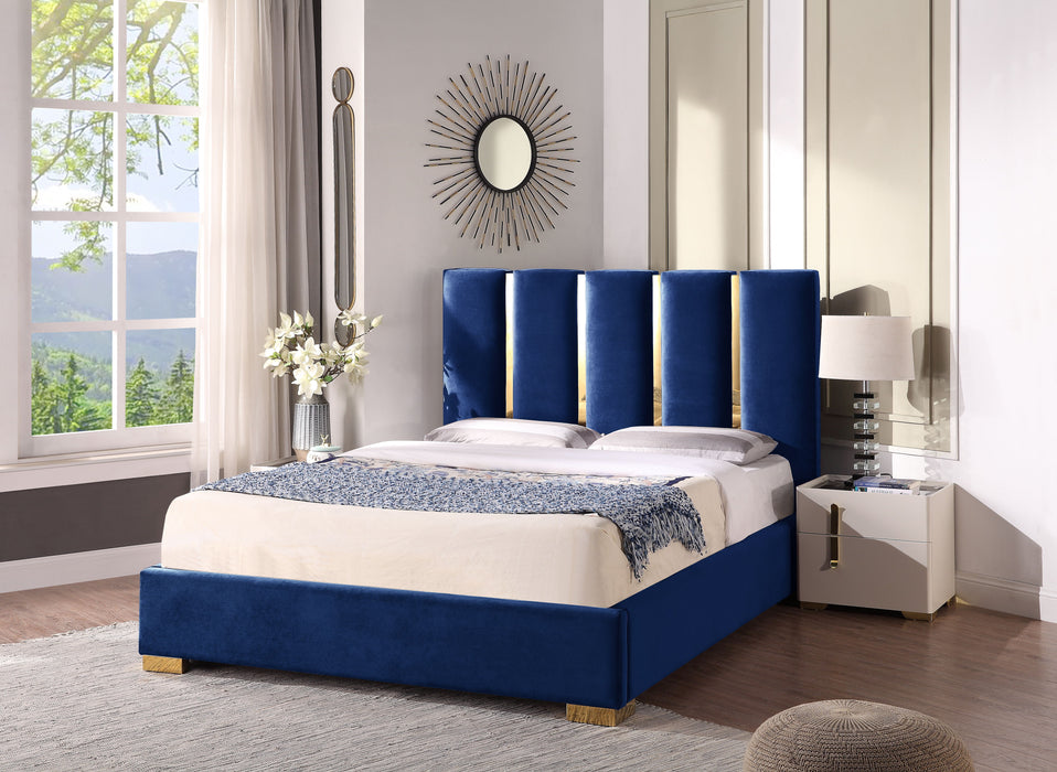 Contemporary Velvet Upholstered Bed, Solid Wood Frame, High-Density Foam, Gold Metal Leg, King Size - Blue