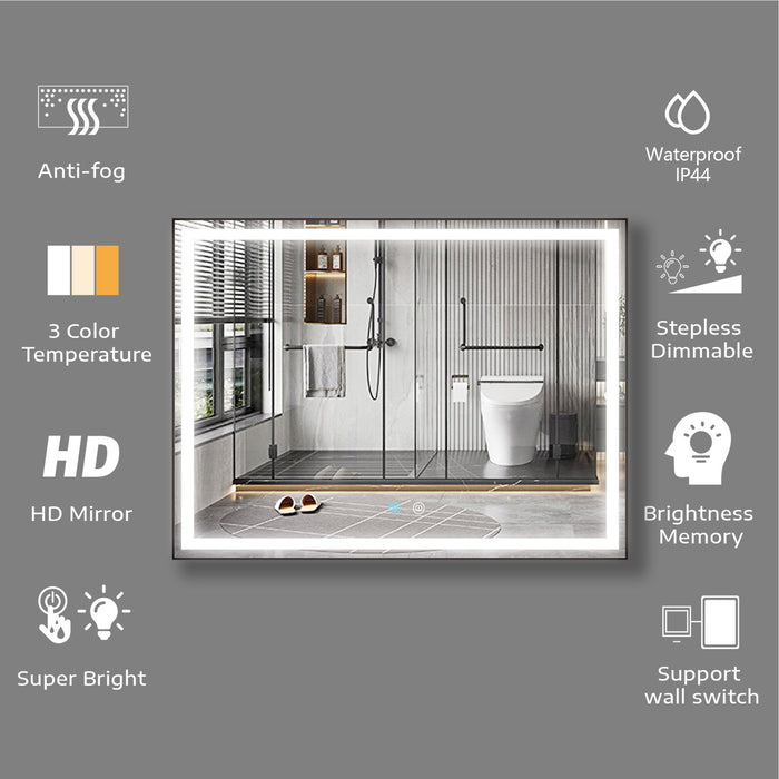 48 X 36 Led Mirror For Bathroom, Led Vanity Mirror, Adjustable 3 Color, Dimmable Vanity Mirror With Lights, Anti-Fog, Touch Control Wall Mounted Bathroom Mirror, Vertical