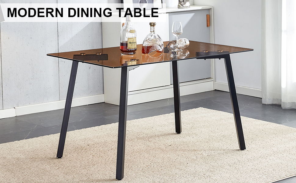 Modern Minimalist Style Rectangular Tea Brown Glass Dining Table, Tempered Glass Tabletop And Black Metal Legs, Suitable For Kitchen, Dining Room, And Living Room