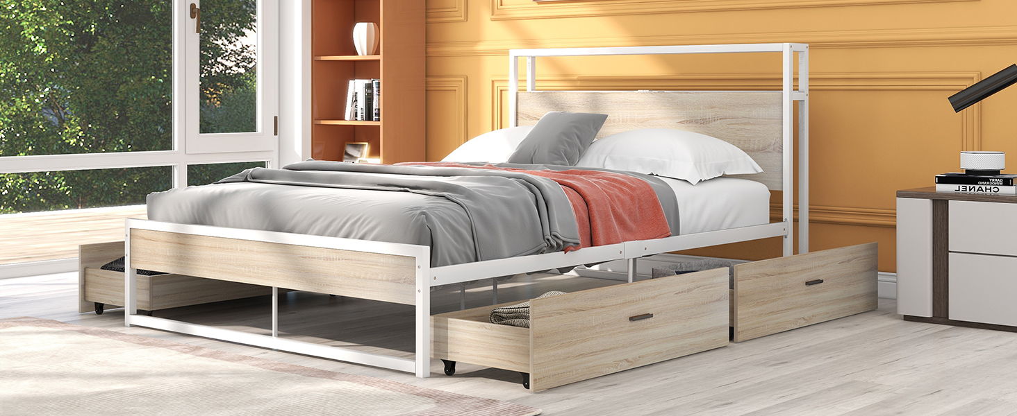 Queen Size Metal Platform Bed Frame With Four Drawers, Sockets And USB Ports, Slat Support No Box Spring Needed - White