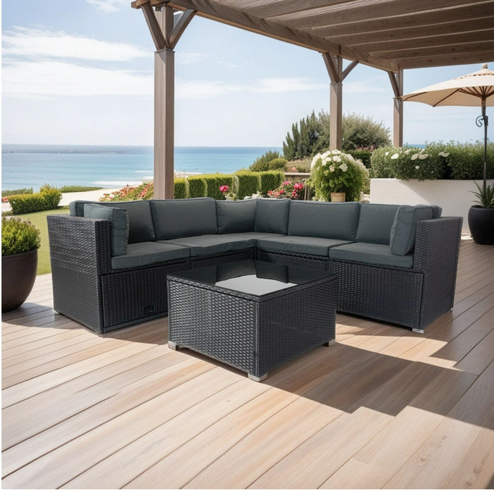 6 Pieces Pe Rattan Sectional Outdoor Furniture Cushioned Sofa Set With 3 Storage Under Seat Black Wicker / Dark Grey Cushion