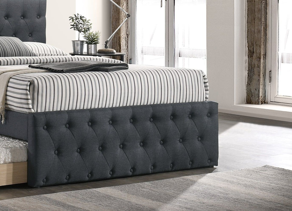 Contemporary Twin Size Bed With Trundle Slats Charcoal Burlap Upholstered Button Tufted Headboard Footboard Youth Bedroom Furniture Wooden Slats 1 Piece Bed