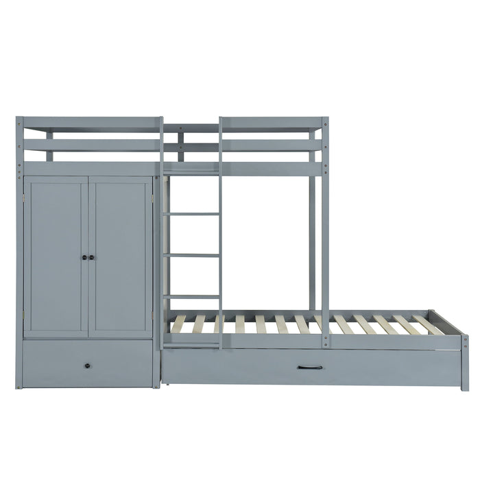 Twin-Over-Twin Bunk Bed With Wardrobe, Drawers And Shelves, Gray