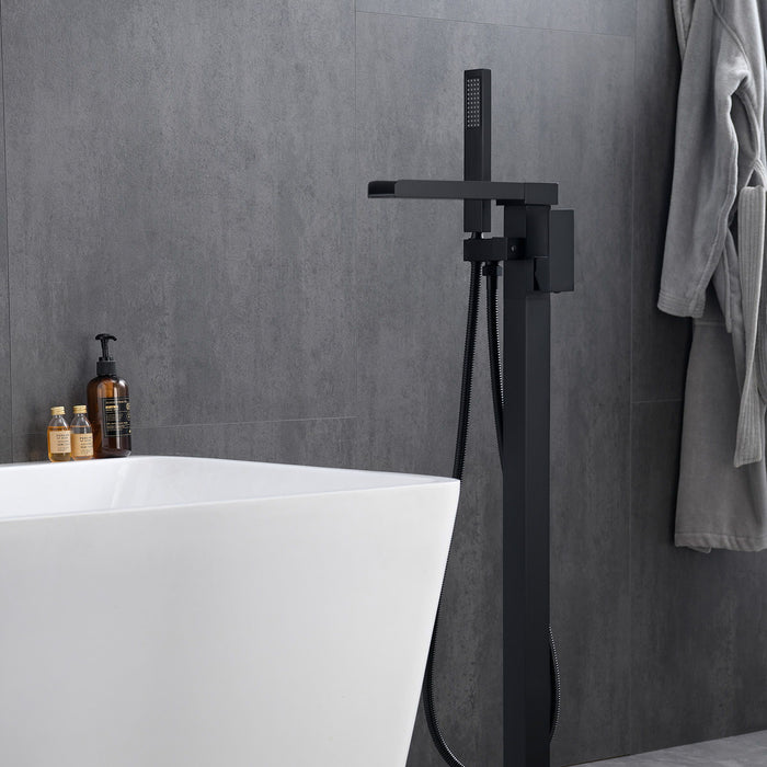Single Handle Freestanding Floor Mount Roman Tub Faucet Bathtub Filler With Hand Shower, Matte Black