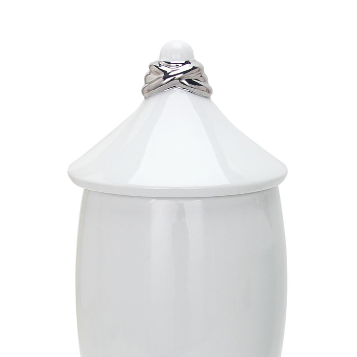 White Ceramic Decorative Jar With Silver Accent And Lid