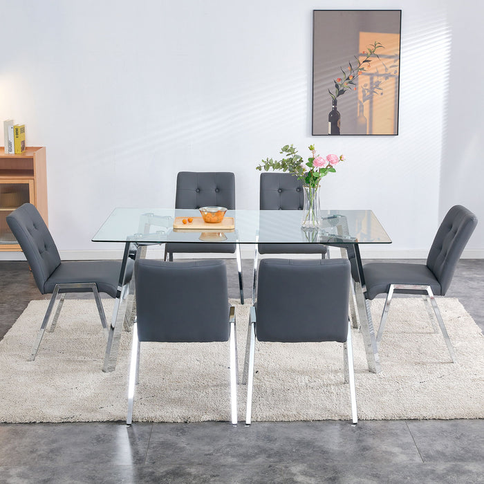 Table And Chair Set, 1 Table With 6 Grey Chairs, Rectangular Glass Dining Table With Tempered Glass Tabletop And Silver Metal Legs, Paired With Armless PU Dining Chairs And Electroplated Metal Legs