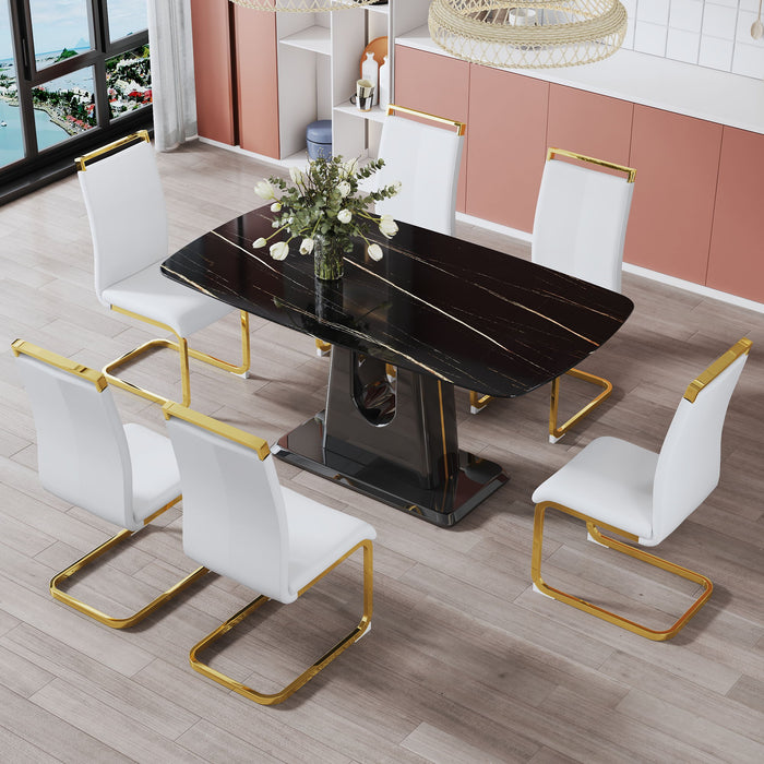 1 Table And 6 Chairs Modern, Simple And Luxurious Black Imitation Marble Rectangular Dining Table And Desk With 6 White PU Gold Plated Leg Chairs