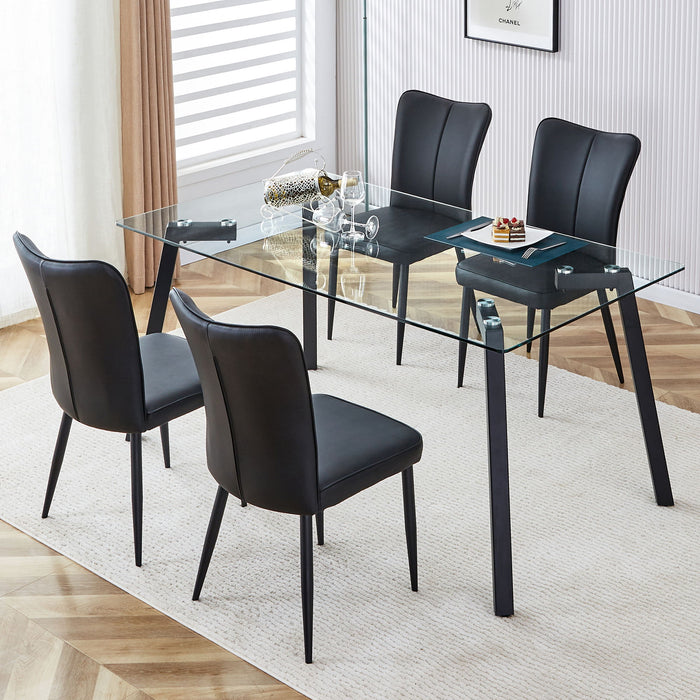 Table And Chair Set, 1 Table And 6 Black Chairs, Glass Dining Table With 0.31" Tempered Glass Tabletop And Black Coated Metal Legs, Equipped With Black PU Chairs
