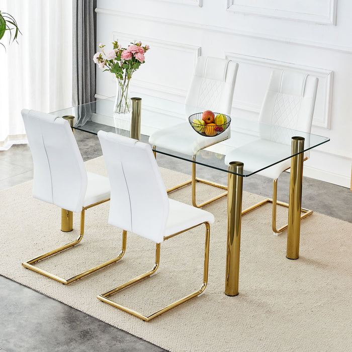 A Modern Minimalist Style Glass Dining Table, Transparent Tempered Glass Tabletop With A Thickness Of 0.3 Feet And Golden Metal Legs, Suitable For Restaurants And Living Rooms