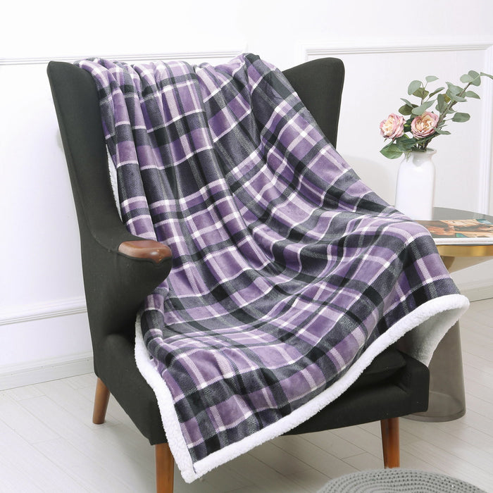 Plaid Flannel Sherpa Throw Blanket (Set of 2) - Purple