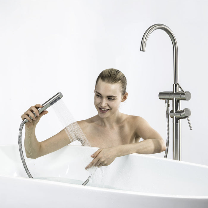 Trustmade Double Handle Freestanding Tub Filler With Handshower, Brushed Nickel