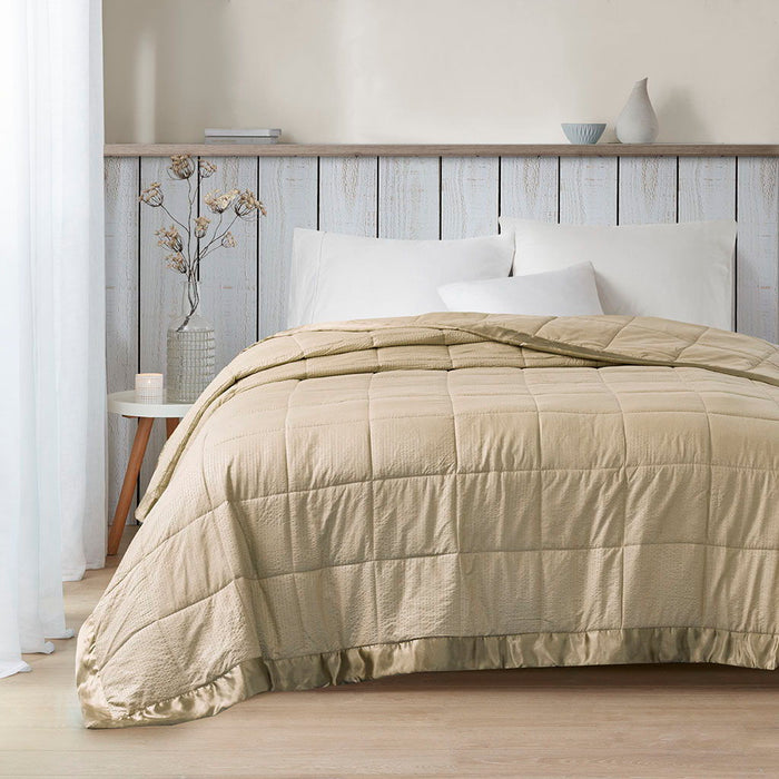 Oversized Down Alternative Blanket With Satin Trim In Taupe