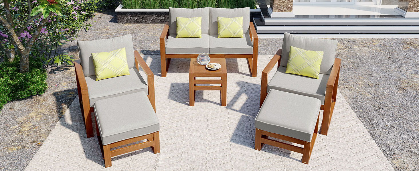 Top max Outdoor Patio Wood 6 Piece Conversation Set, Sectional Garden Seating Groups Chat Set With Ottomans And Cushions For Backyard, Poolside, Balcony, Gray