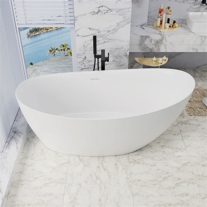 67'' Single Slipper Tub Solid Surface Stone Resin Freestanding Soaking Bathtub Comfortable Backrest - White