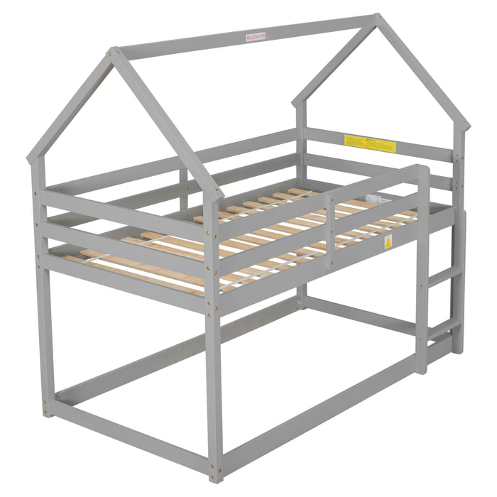 Twin Over Twin Loft Bed With Roof Design, Safety GuardrailAnd Ladder - Grey