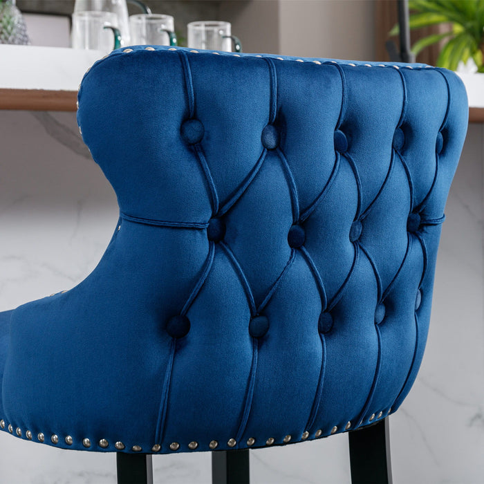 Contemporary Velvet Upholstered Wing - Back Barstools With Button Tufted Decoration And Wooden Legs, And Chrome Nailhead Trim, Leisure Style Bar Chairs, Bar Stools, (Set of 4) - Blue
