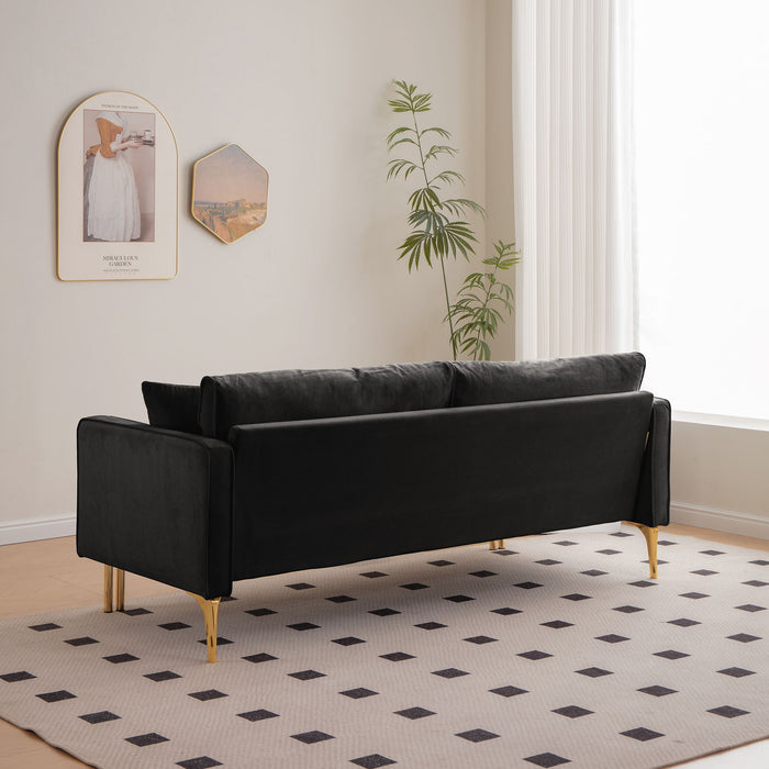 Velvet Sofa Couch Luxury Modern Upholstered 3 Seater Sofa With 2 Pillows For Living Room, Apartment And Small Space - Black