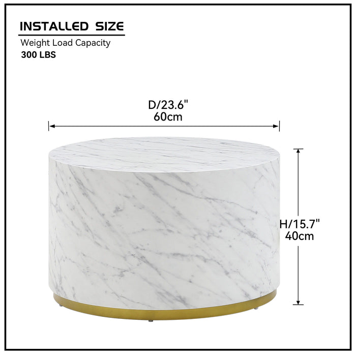 White Marble Pattern Cocktail Table Mdf With Gold Metal Base 23.62 Inch