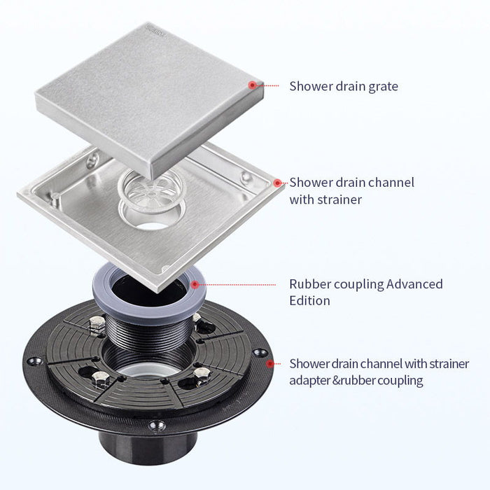 Square Shower Floor Drain - Brushed Nickel