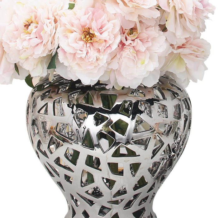 Ceramic Ginger Jar Vase With Decorative Design - Silver