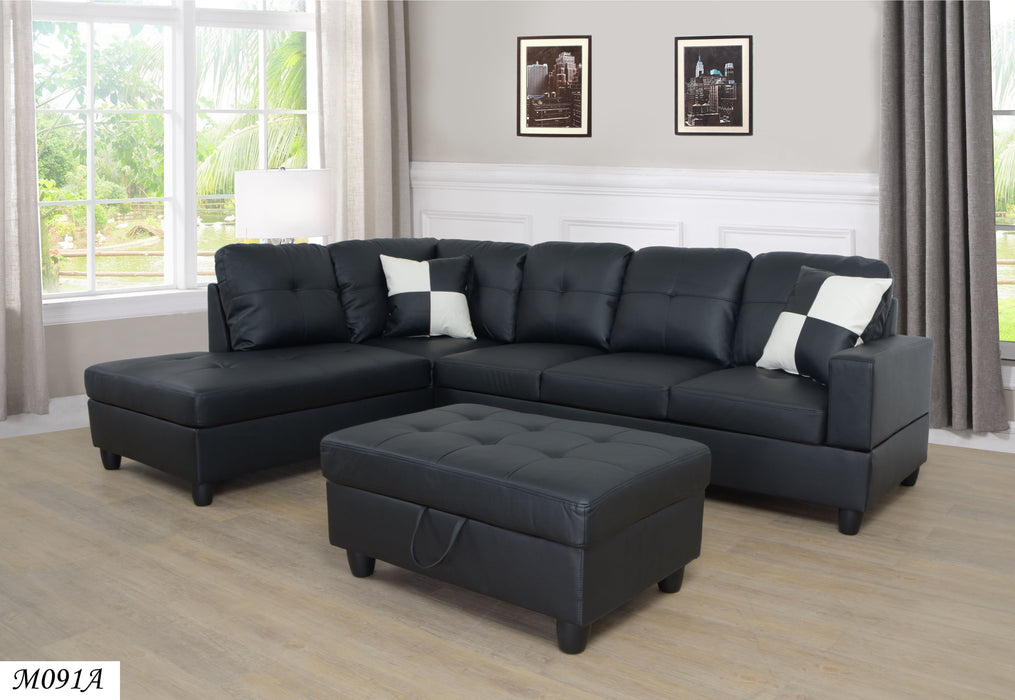 3 Piece Modular Sofa Set (Black) Faux Leather Right Side Lounger With Free Storage Footrest