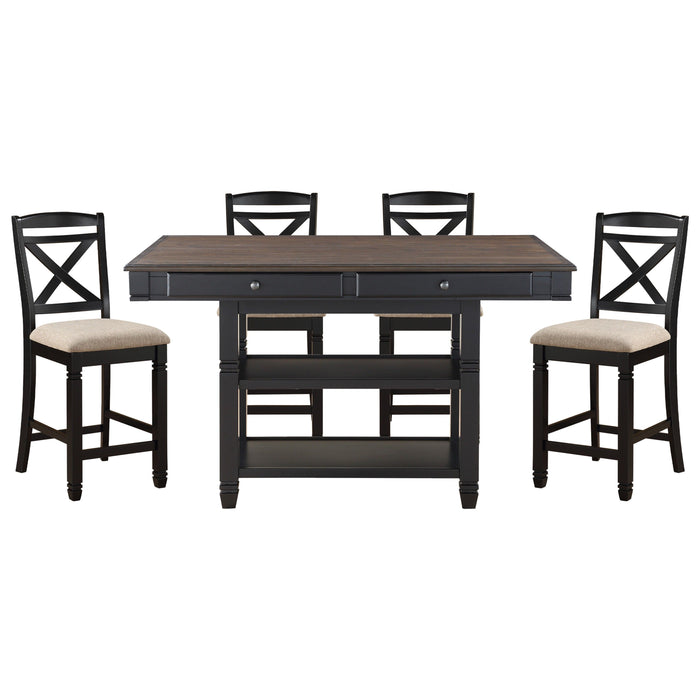 Transitional Style Counter Height Dining Set 5 Pieces Table Display Shelves Drawers And 4 Counter Height Chairs Black Finish Funiture