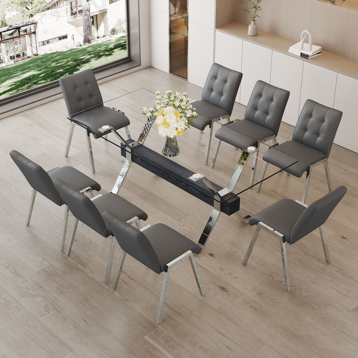 Table And Chair Set, Suitable For Home And Office Use Glass Desktop With Silver Metal Legs And MDF Crossbar, Paired With Grey Checkered Armless High Back Dining Chairs (1 Table And 8 Chairs)