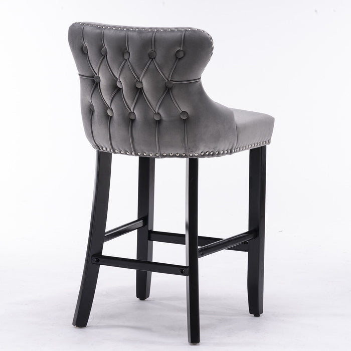 Contemporary Velvet Upholstered Wing - Back Barstools With Button Tufted Decoration And Wooden Legs, And Chrome Nailhead Trim, Leisure Style Bar Chairs, Bar Stools, (Set of 2) - Gray, Sw1824Gy