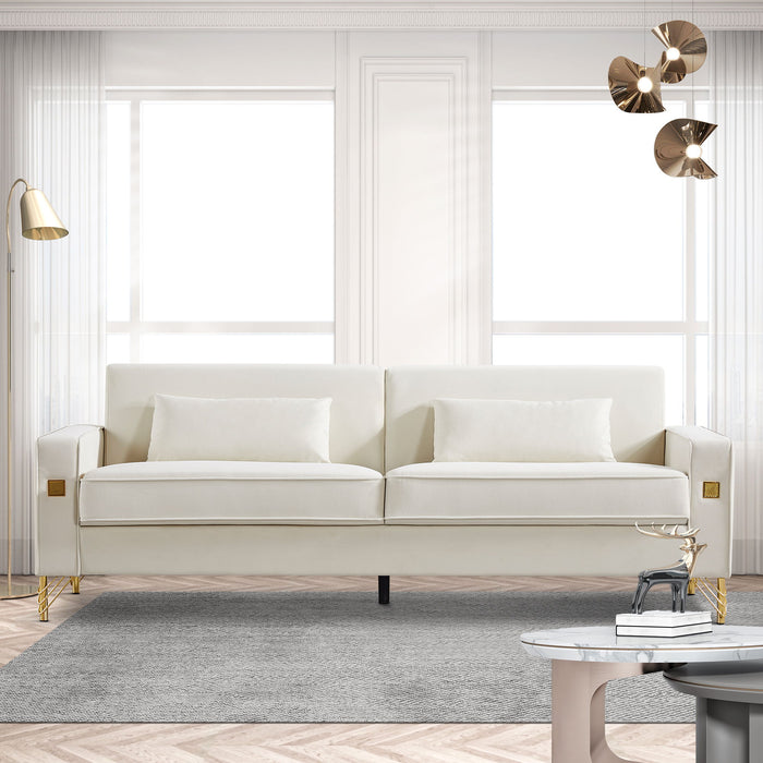 Modern Velvet Couch With Gold Legs, Upholstered Sofa For Living Room - White