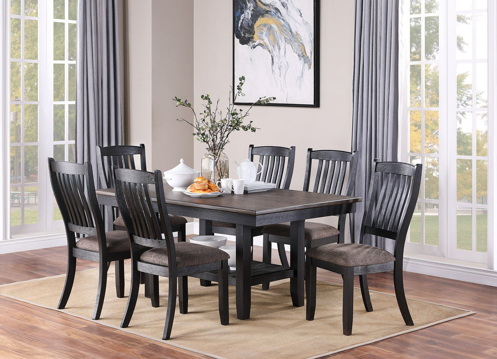 Transitional Dining Room 7 Piece Set Dark Coffee Rubberwood Dining Table Shelf And 6 Side Chairs Fabric Upholstered Seats Unique Back Chairs