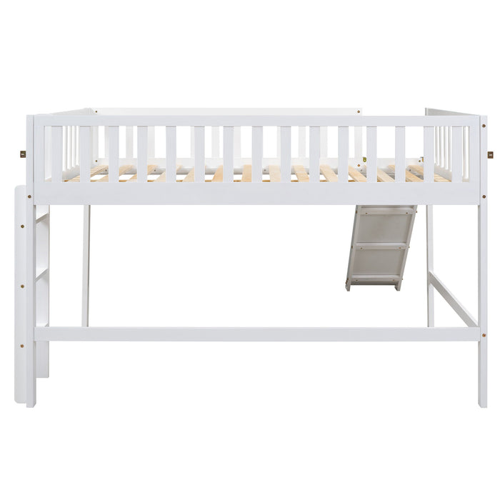 Full Size Low Loft Bed With Ladder And Slide, White