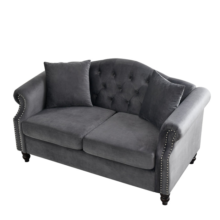 57" Chesterfield Sofa Grey Velvet For Living Room, 2 Seater Sofa Tufted Couch With Rolled Arms And Nailhead - Grey