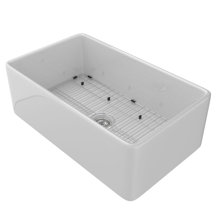 33" Fireclay Farmhouse Kitchen Sink White Single Bowl Apron Front Kitchen Sink, Bottom Grid And Kitchen Sink Drain Included