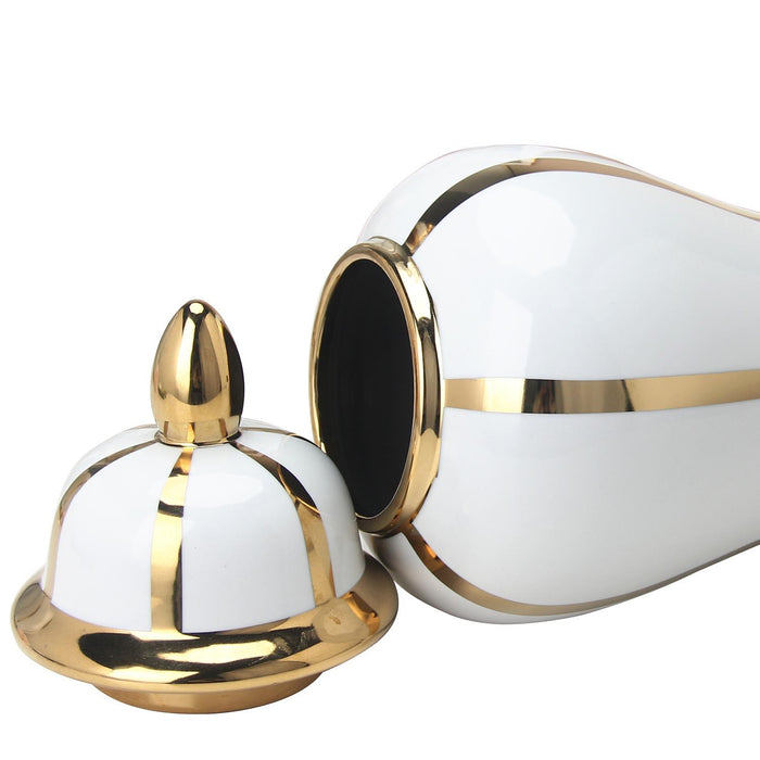 Linear Gilded Ginger Jar With Removable Lid - White