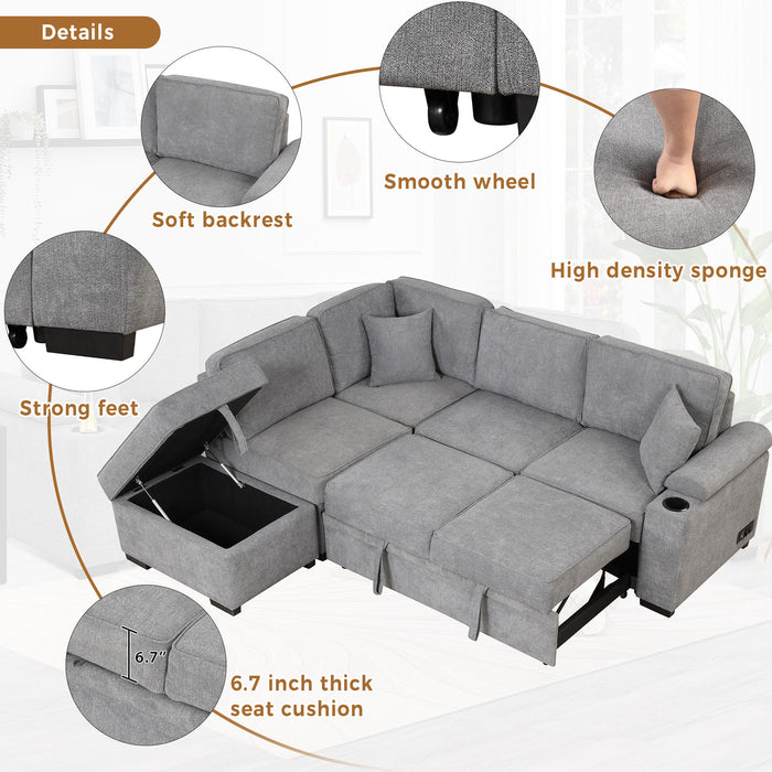 87.4" Sleeper Sofa Bed, 2 In 1 Pull Out Sofa Bed L Shape Couch With Storage Ottoman For Living Room, Bedroom Couch And Small Apartment, Gray
