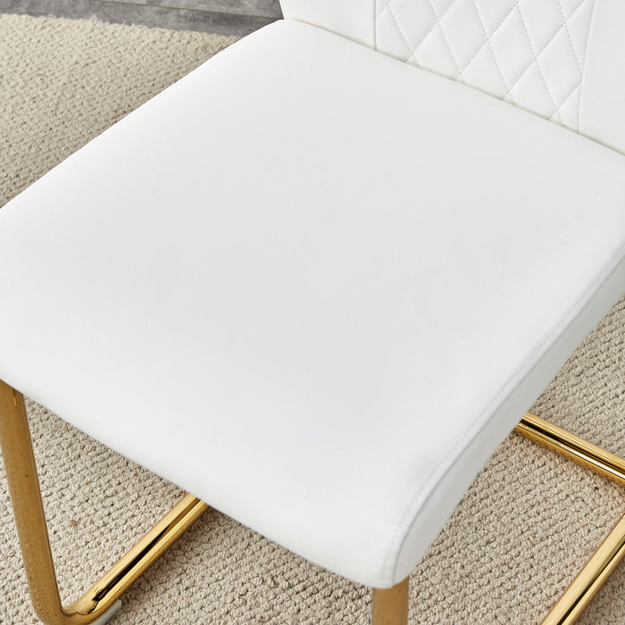 1 Table With 6 Chairs, Transparent Tempered Glass Tabletop, Thickness 0.3 Feet, Golden Metal Legs, Paired With White PU Backrest Cushion Chair, Golden Plated Metal Legs