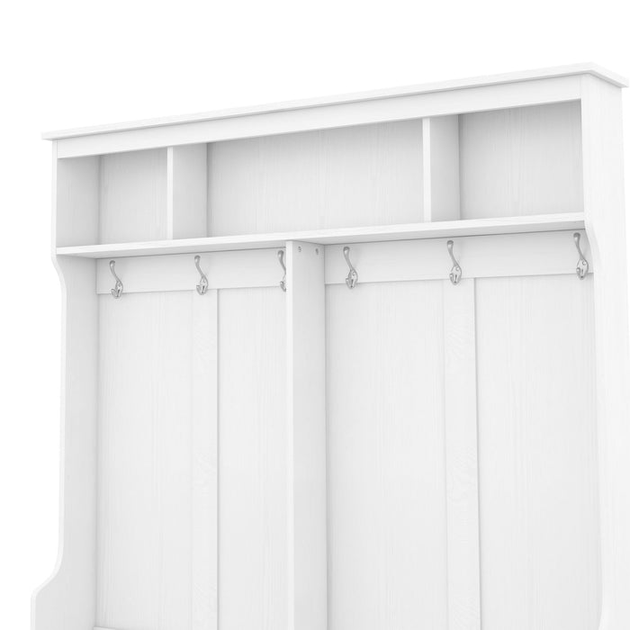 Modern Hallway Hall Tree With Metal Hooks And Storage Space, Multi-Functional Entryway Coat Rack With Shoe Cubbies, White