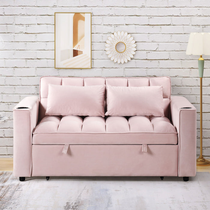 55.3" 4-1 Multi-Functional Sofa Bed With Cup Holder And Usb Port For Living Room Or Apartments Pink