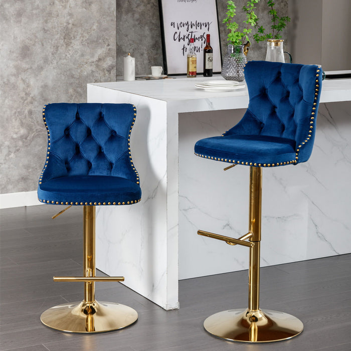 A&A Furniture, Golden Swivel Barstools Adjusatble Seat Height From, Modern Upholstered Bar Stools With Backs Comfortable Tufted For Home Pub And Kitchen Island (Set of 2) - Blue
