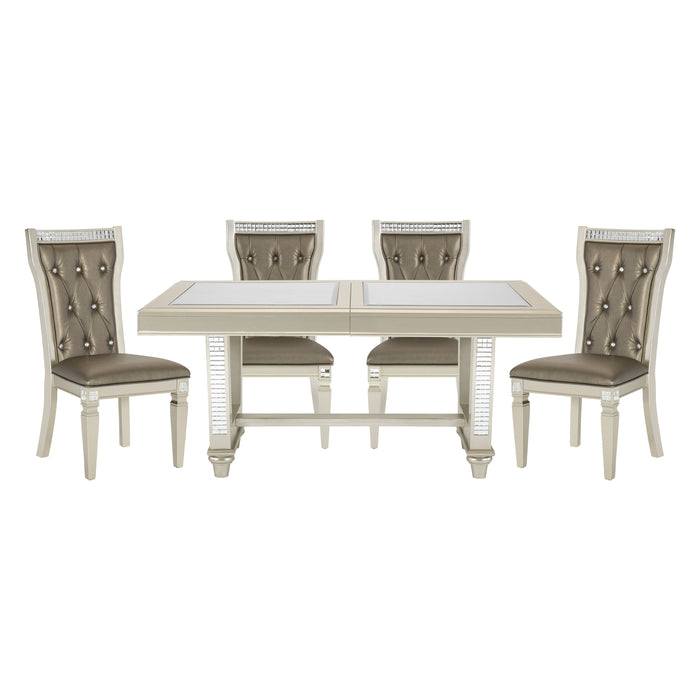 Glamorous Style Dining 5 Pieces Set Champagne Finish Table Leaf Glass Insert Top Upholstered Tufted 4 Side Chairs Traditional Dining Room Furniture