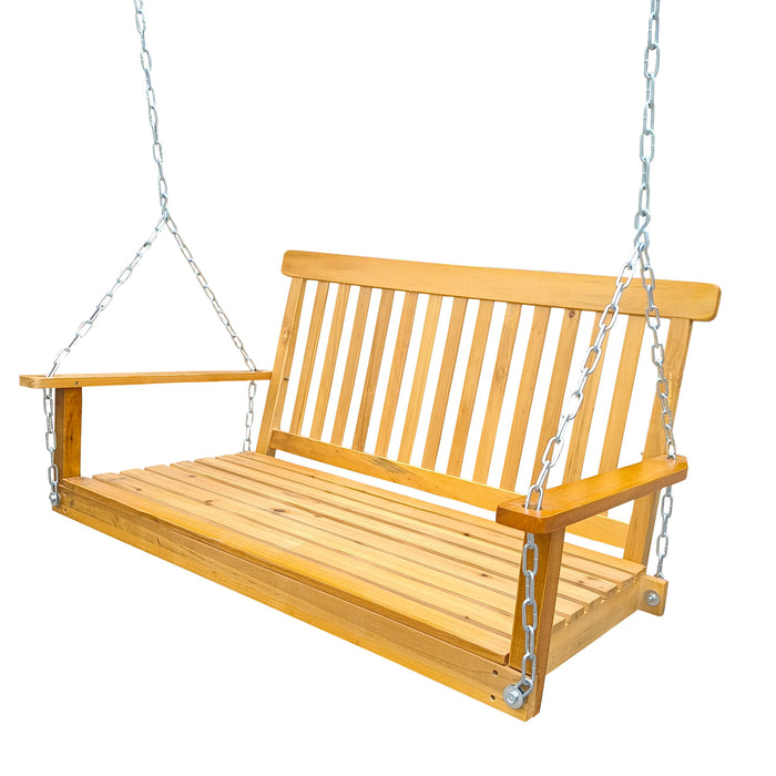 Front Porch Swing With Armrests, Wood Bench Swing With Hanging Chains, For Outdoor Patio, Garden Yard, Porch, Backyard, Or Sunroom, Easy To Assemble, Teak