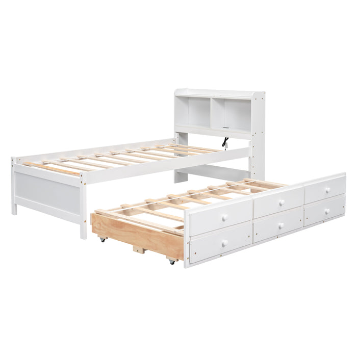 Twin Size Bed With Built-In USB, Type-C Ports, LED Light, Bookcase Headboard, Trundle And 3 Storage Drawers, Twin Size Bed With Bookcase Headboard, Trundle And Storage Drawers, White